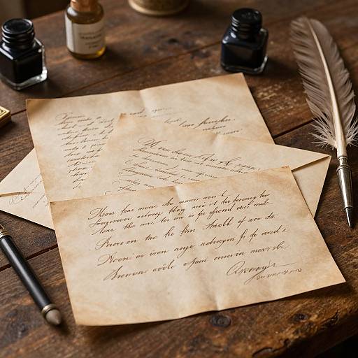 Photograph of vintage handwritten letters on aged paper, with quill pen, black ink bottles, wooden desk, and inkwell in background.