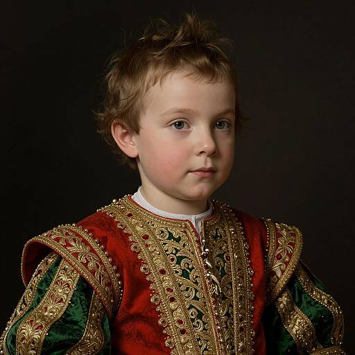 Photograph of a young boy with fair skin and blue eyes, wearing an ornate red and green medieval-style garment with gold embroidery, against a dark