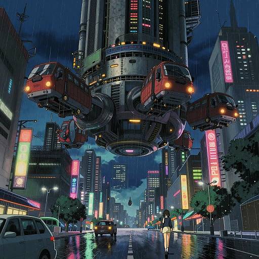 Cyberpunk cityscape at night, raining. Large hovering red and black multi-roofed vehicle above, neon signs, wet street, cars,