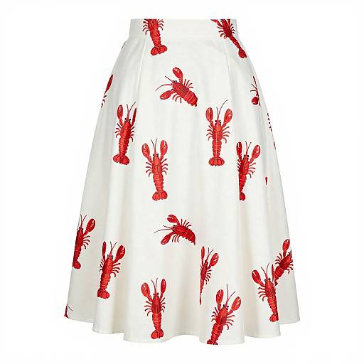 White A-line skirt with vibrant red lobster print, featuring evenly spaced lobsters in various orientations, creating a playful, eye-catching design.