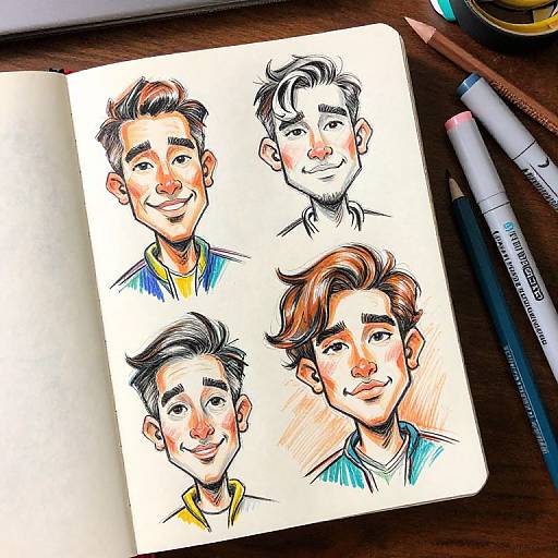 Colorful ink drawing of four smiling young men with varied hairstyles, on white paper, surrounded by pencils and markers on a wooden surface.