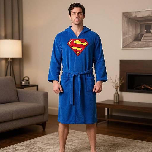 Photograph of a handsome, dark-haired man in a blue Superman robe standing in a modern living room with gray sofa, lamp, and abstract art.