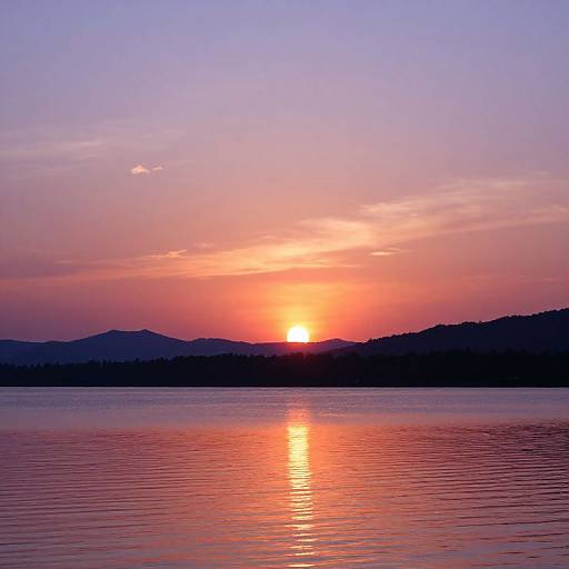Photograph of a vibrant sunset over calm water, with the sun setting behind dark silhouetted hills, reflecting bright orange and pink hues in the