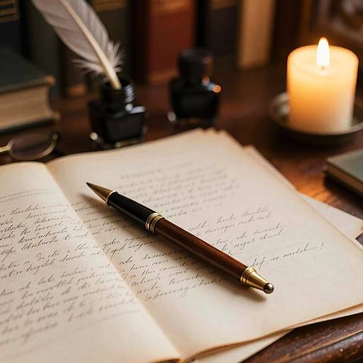 Photograph of a vintage pen resting on an open, cursive-written letter, with a lit candle and inkwell in the background.