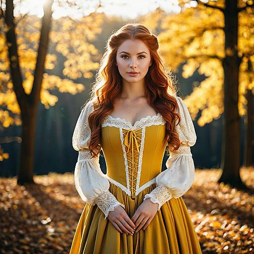 Woman in Yellow Renaissance Dress in Autumn Forest