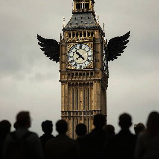 Photograph of Big Ben's clock tower with black angel wings, silhouetted against a cloudy sky, with dark silhouetted crowd in