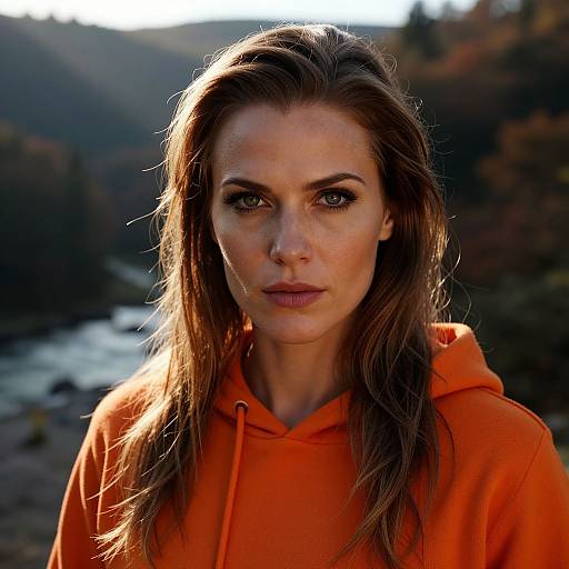 Photograph of a serious-looking woman with long brown hair, wearing an orange hoodie, standing outdoors with a blurred mountain and river background.