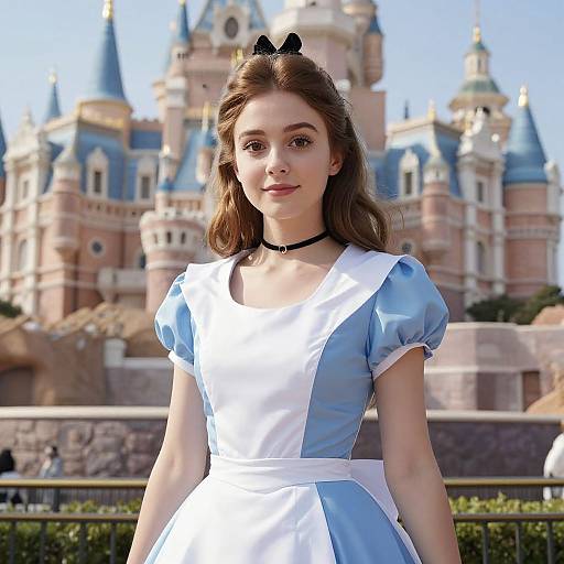 Photograph of a young woman with fair skin and brown hair in a blue and white Alice in Wonderland dress, black bow headband, and choker