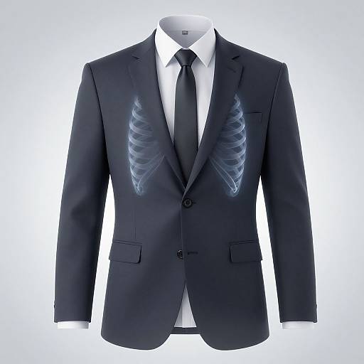 Photograph of a black suit jacket with white dress shirt and black tie, featuring blue skeletal ribcage pattern on chest.