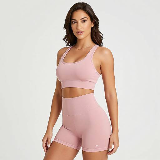 Photograph of a fit woman with medium brown skin, black wavy hair, wearing light pink sports bra and high-waisted shorts, standing against
