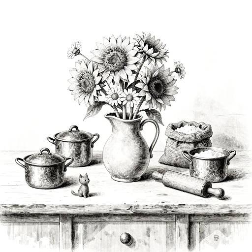 Whimsical Black-and-White Cottage Still Life