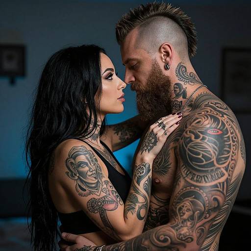 Tattooed couple in black clothing, man with mohawk, woman with long black hair, intimate gaze, dimly lit room, detailed arm
