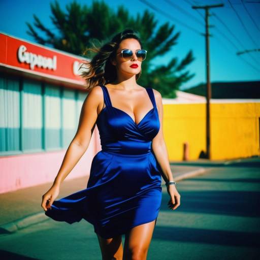 Photograph of a confident brunette woman in a red and green belted dress, walking down a sunlit autumn street with parked cars and illuminated storefronts