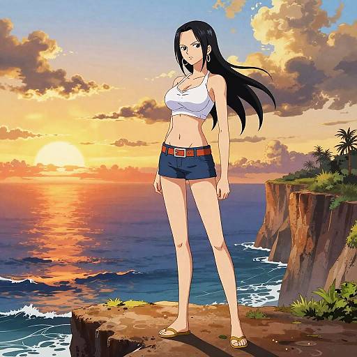 Anime-style illustration of a tall, black-haired woman in a white crop top and blue shorts, standing on a cliff at sunset, ocean and cliffs in