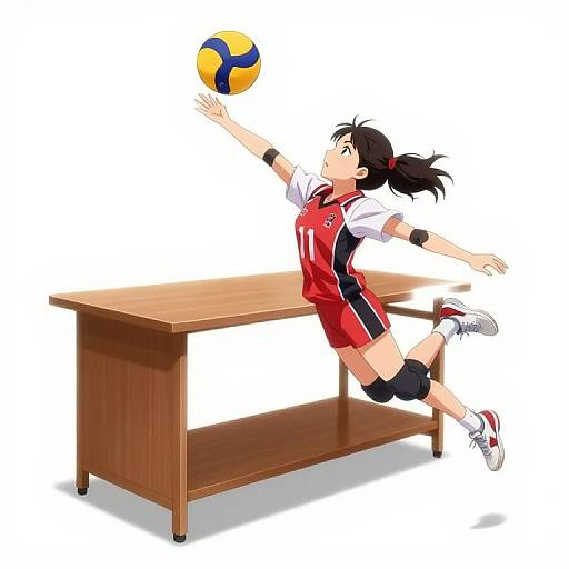 Anime-style digital illustration of a black-haired female volleyball player in red and white uniform, leaping to spike a yellow and blue ball over a wooden table