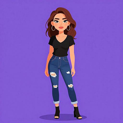 Digital illustration of a young woman with wavy brown hair, wearing a black V-neck shirt, ripped blue jeans, black ankle boots, and large hoop