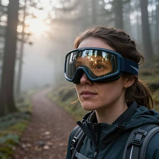 Photograph of a woman with brown hair wearing black ski goggles and a black jacket, standing on a misty forest path. Sunlight filters through trees