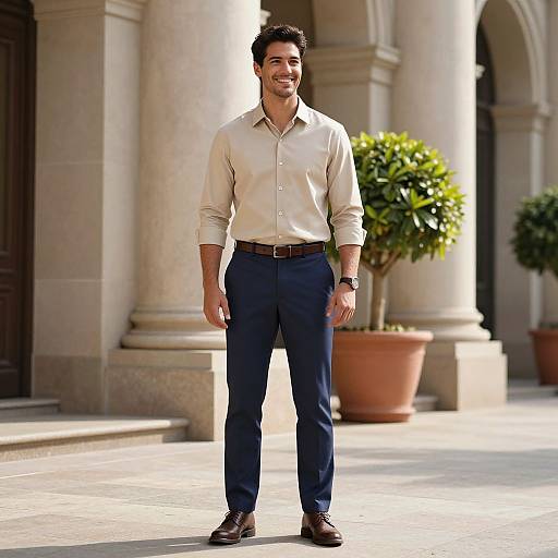 Photograph of a smiling, dark-haired man in beige shirt and navy pants standing on a sunlit, stone-paved pathway with potted plants and