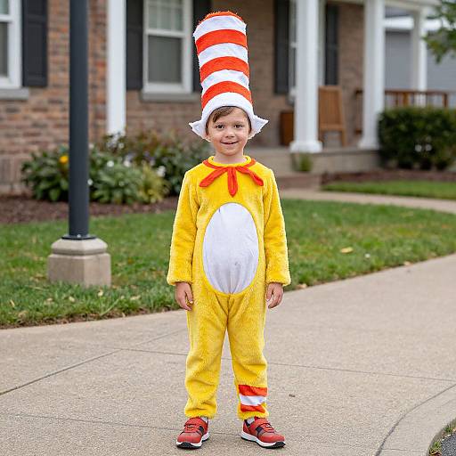Photograph of a young boy in a yellow Cat in the Hat costume with red stripes, white belly, red bowtie, and red shoes, standing
