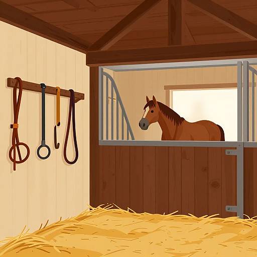 Digital illustration of a brown horse standing in a wooden stable stall with hay on the floor, looking out. Harnesses hang on the left wall. Bright
