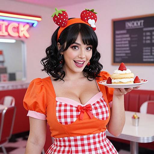 Photorealistic image of a smiling woman in a strawberry headband, orange and red checkered waitress dress, holding a strawberry-topped cake in a