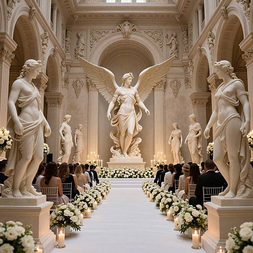 Photograph of a grand, ornate church interior with marble statues of angels and classical figures, white flower arrangements, and lit candles lining the aisle.