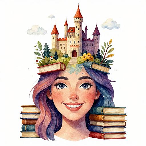 Watercolor illustration of a smiling young woman with purple and pink hair, books on her head, and a castle with red roofs atop her head.