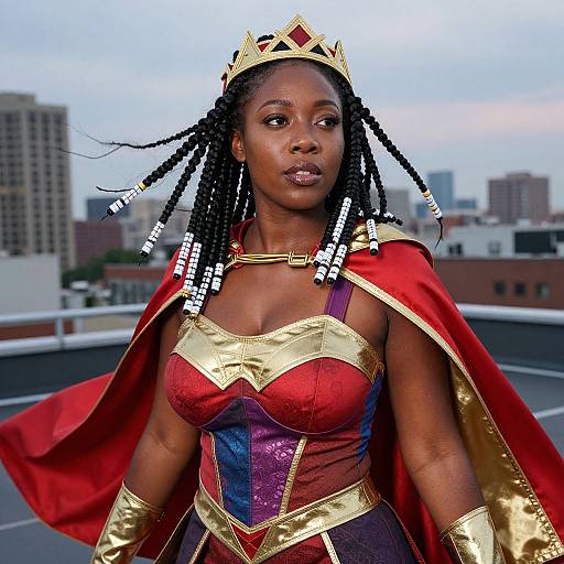 Photograph of a Black woman with braided hair, wearing a Wonder Woman costume with a red cape and gold crown, standing on a rooftop with city