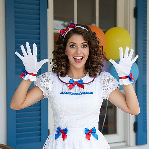 Photograph of a smiling woman with curly brown hair, wearing a white lace dress, white gloves, red and blue bows, and a headband,