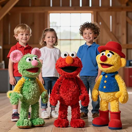 Colorful Puppets and Children in Barn