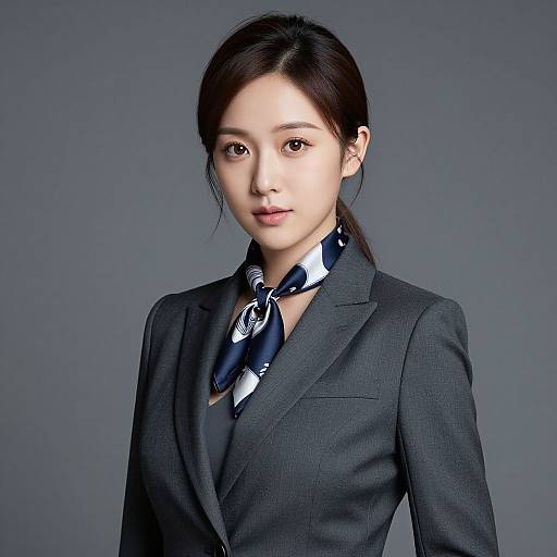 Photograph of an Asian woman with fair skin, black hair in a ponytail, wearing a dark gray suit, white shirt, and navy silk scarf