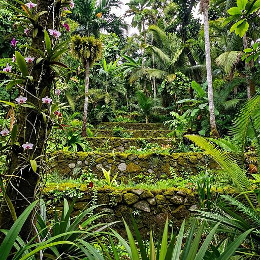 Photograph of lush, tropical garden with moss-covered stone steps, surrounded by tall palm trees, ferns, and pink flowers amidst dense greenery.