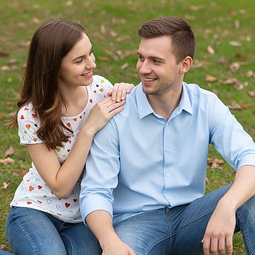 Photograph of a smiling couple sitting on grass; woman with brown hair, white strawberry-patterned shirt, man with short brown hair, blue shirt.
