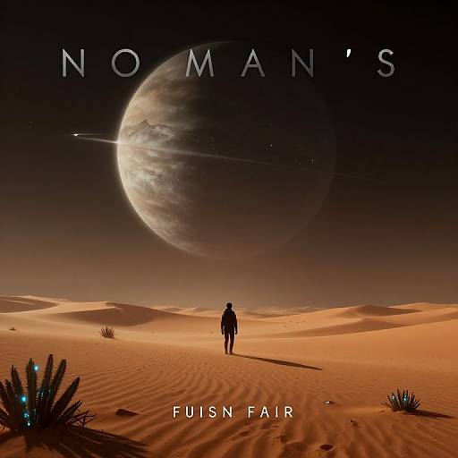 Science fiction movie poster: Silhouetted figure on horseback faces giant moon in dark sky over orange desert, 