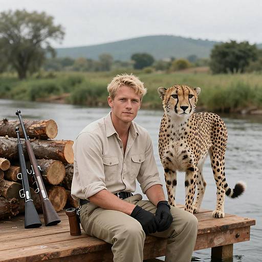 Blonde Man and Cheetah by River