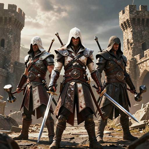 Three armored warriors with white hoods and swords stand in a sunlit, ruined castle courtyard, surrounded by broken stone walls. Digital art.