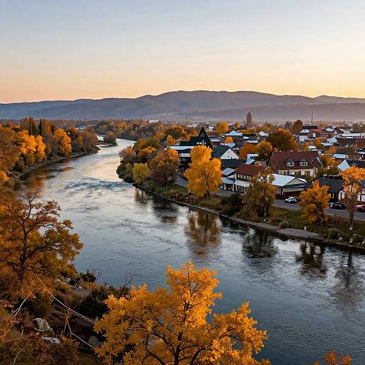 Photograph of a picturesque autumn river town at sunset, with golden-yellow leaves, calm river, and charming houses nestled among trees.