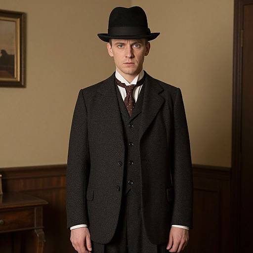 Photograph of a pale-skinned man with blue eyes, wearing a black suit, vest, tie, and hat, standing in a dimly lit