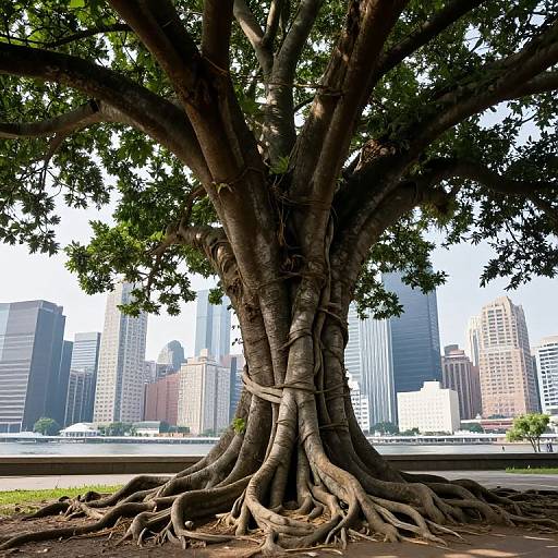 Photograph of a large, twisted tree with thick, intertwining roots, set against a cityscape of modern skyscrapers and a clear sky.