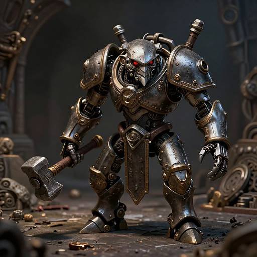 CGI image of a menacing, armored, robotic warrior with glowing red eyes, holding a massive hammer, set in a dark, industrial environment.