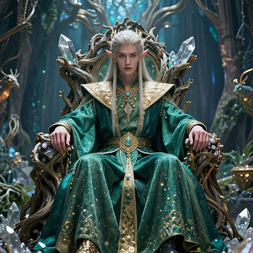 Digital artwork of an elven monarch with white hair, wearing a green, gold-embroidered robe, seated on a crystal-encrusted