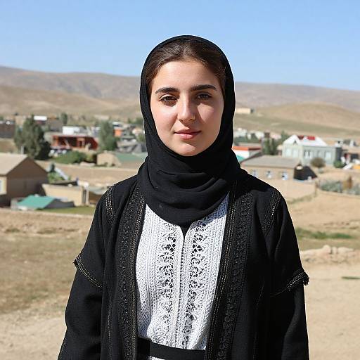 Photograph of a young woman with fair skin, dark hair, and brown eyes, wearing a black hijab and lace-trimmed black robe,