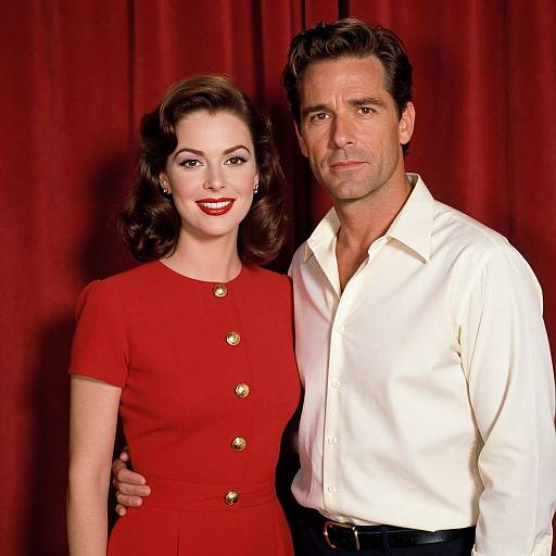 Photograph of a fair-skinned woman with red lipstick and dark wavy hair in a red dress, standing beside a tanned man with dark hair