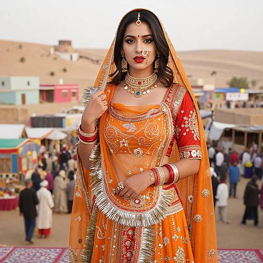 Photograph of an Indian bride in an orange, gold-embroidered traditional lehenga with a veil, standing in a bustling outdoor market. She