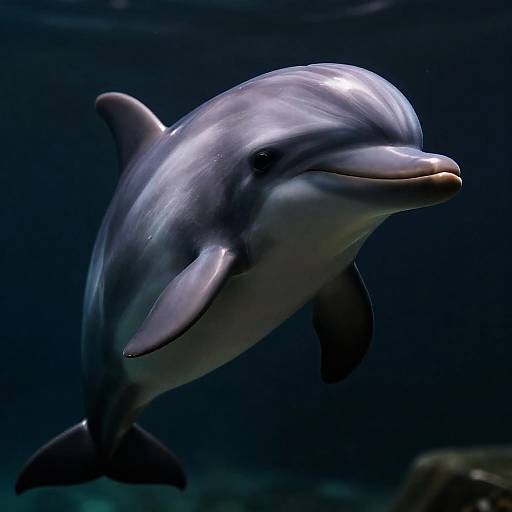 Photograph of a sleek, grey bottlenose dolphin with a shiny, smooth body, dark eyes, and a slightly open mouth, swimming underwater in