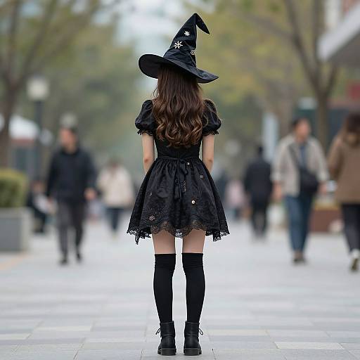 Photograph of a woman with long brown hair, wearing a black witch hat, black lace dress, thigh-high socks, and boots, standing in a