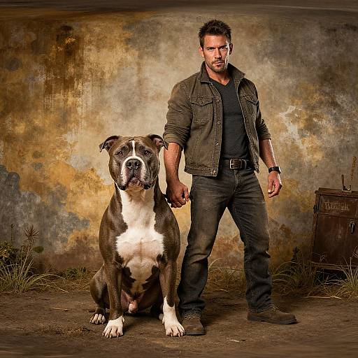 Photograph of a muscular, bearded man in a dark jacket and jeans holding the leash of a brown and white American Bulldog, standing against a