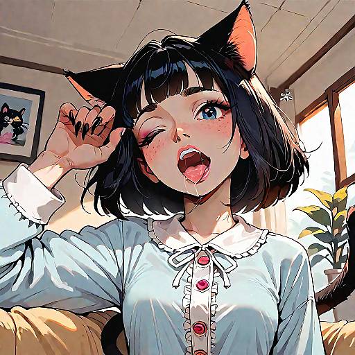 Anime-style digital drawing of a cute cat-girl with black hair, cat ears, winking, and sticking out her tongue, wearing a white blouse with