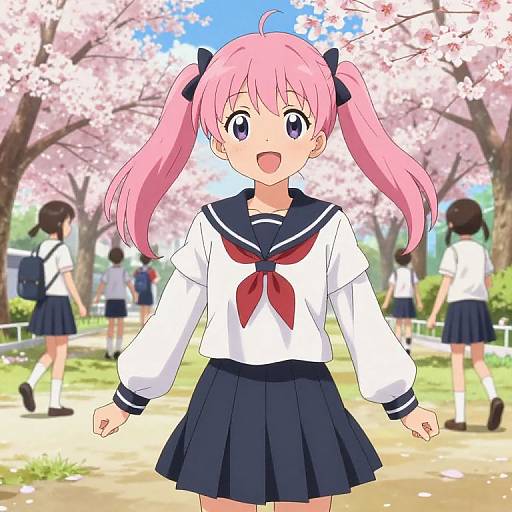 Cheerful Pink-Haired Anime Schoolgirl