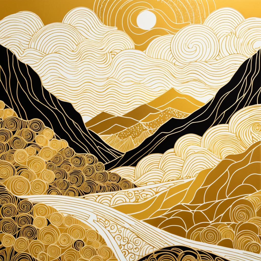 Serene Klimt-Inspired Mountain Linocut Art